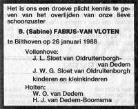 Overlijdensbericht S. (Sabine) Fabius-van Vloten (1988)